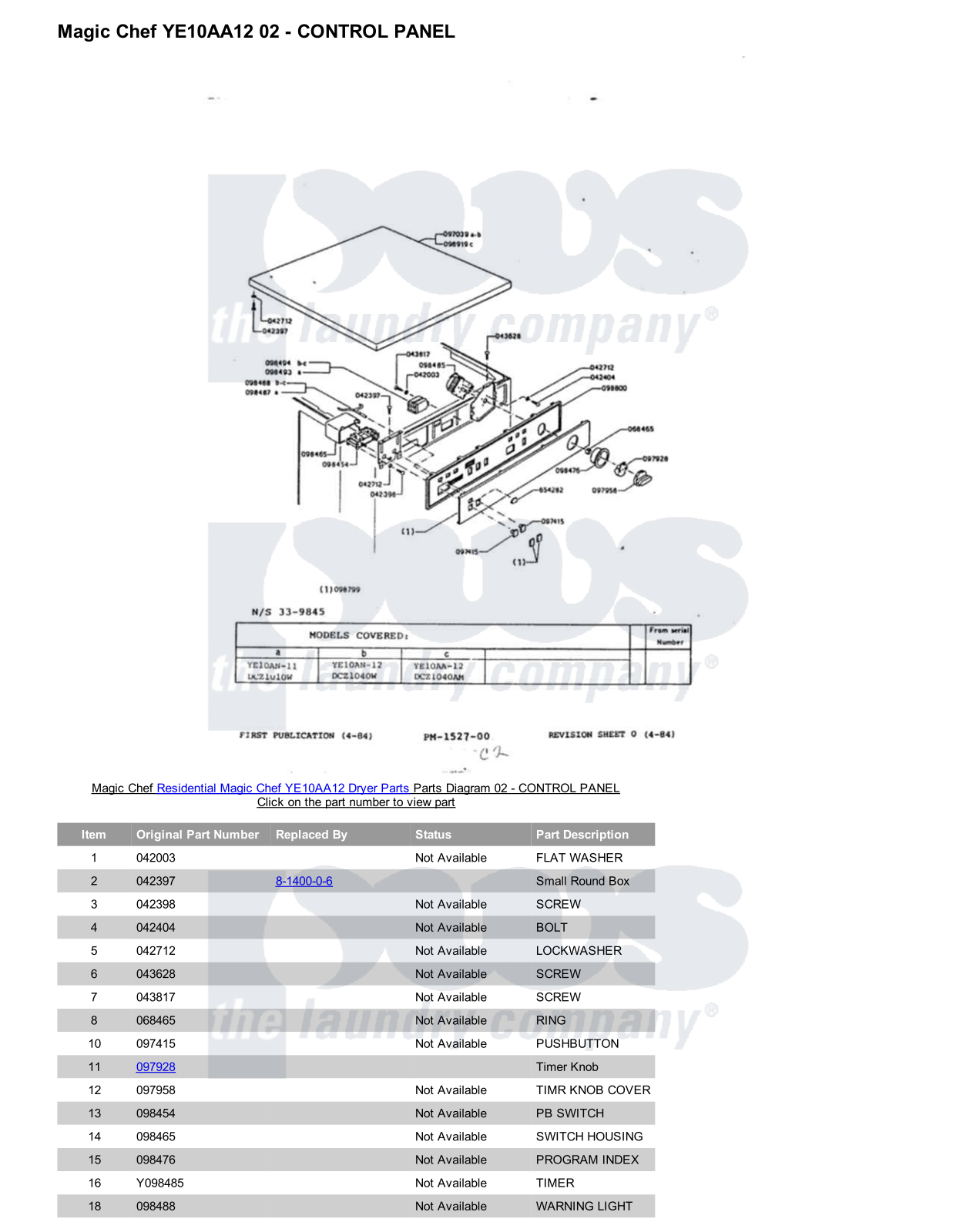 Magic Chef YE10AA12 Parts Diagram