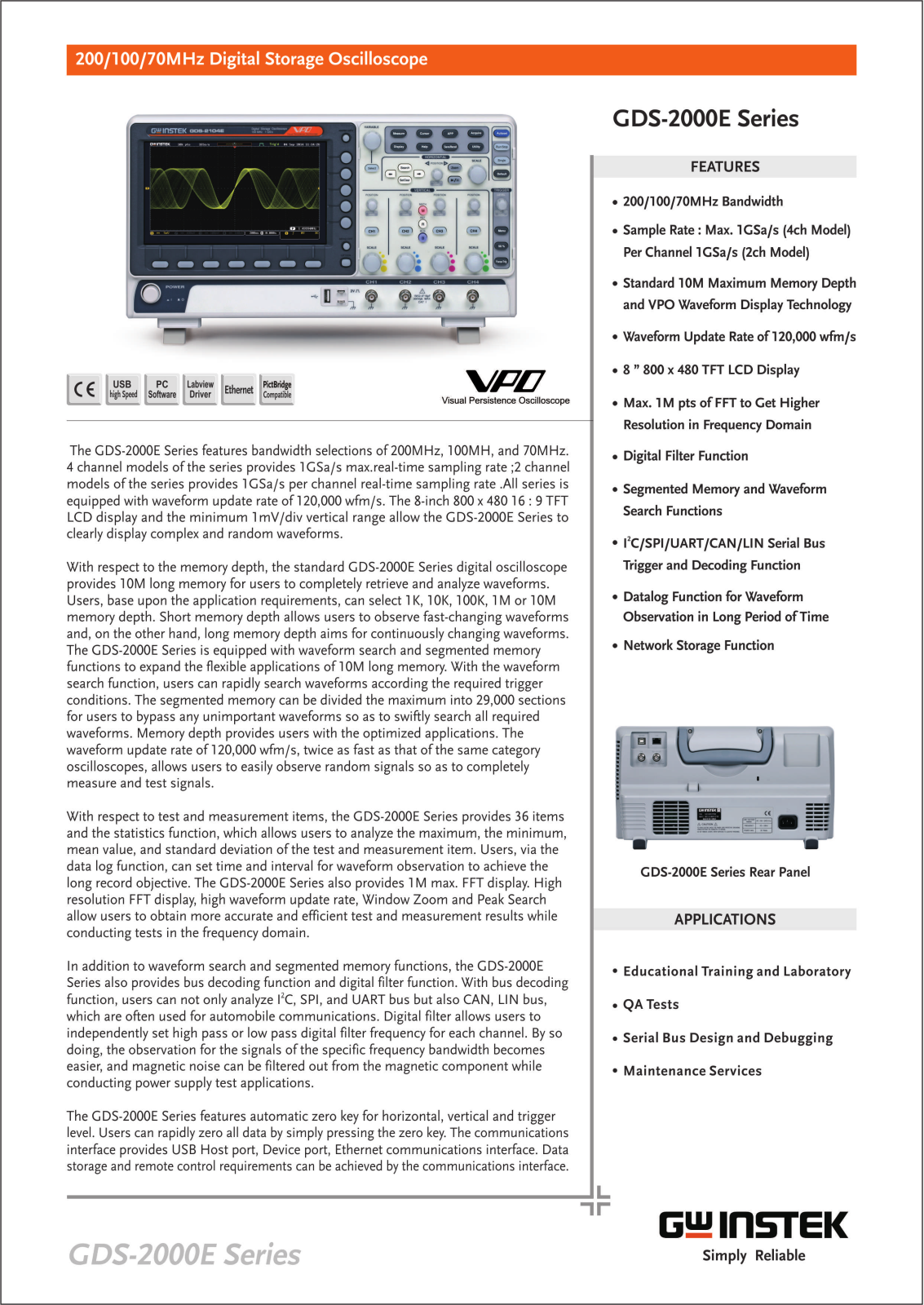 GW Instek GDS-2074E, GDS-2102E, GDS-2072E, GDS-2204E, GDS-2202E Data Sheet