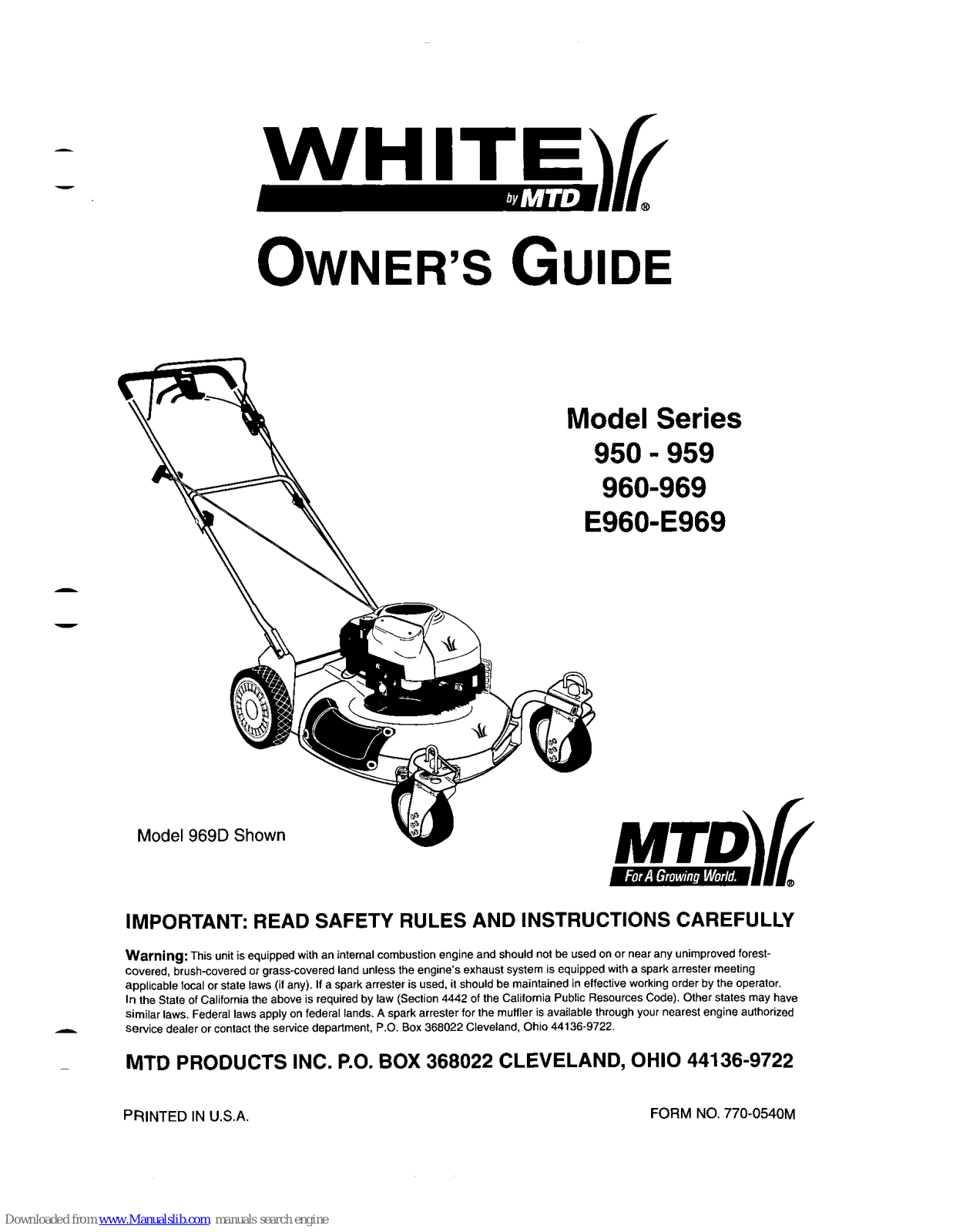 White 950 - 959 Series, 960-969, 960-969 Series, E960-E969 Series, 950 Series Owner's Manual