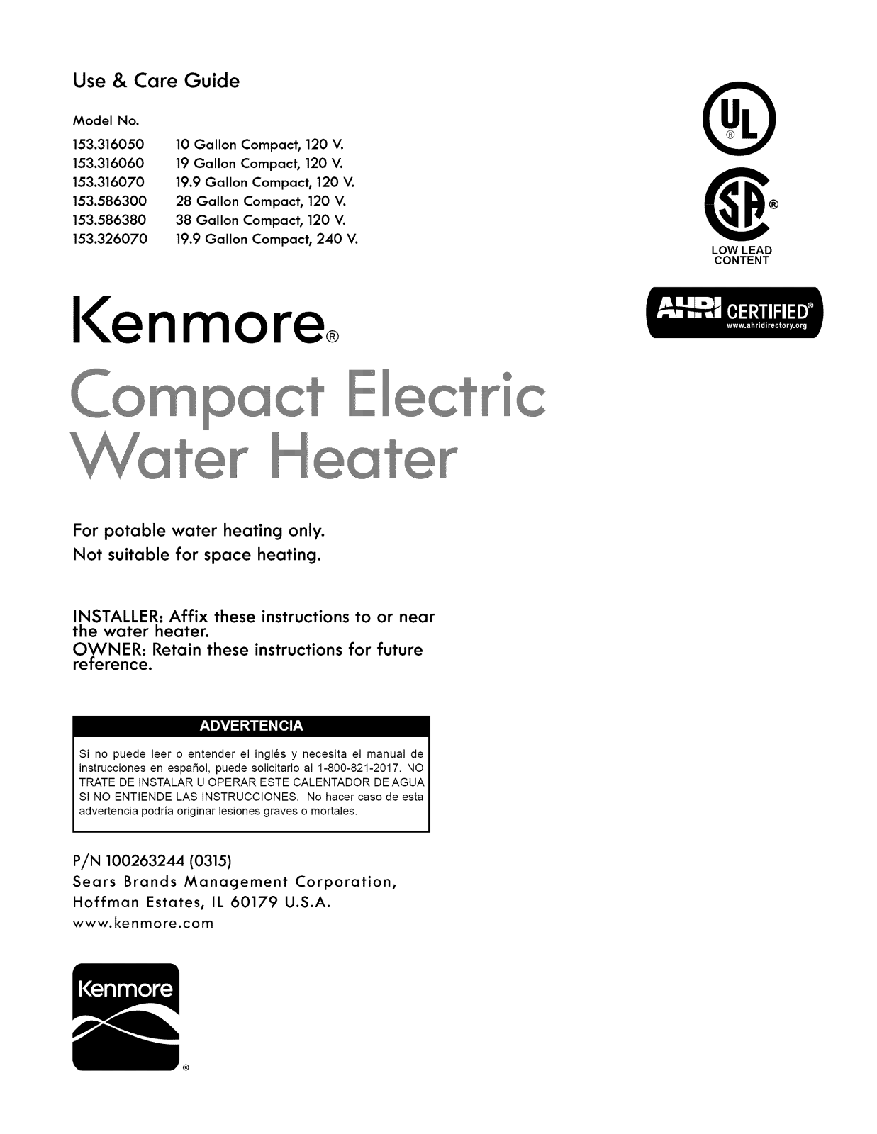 Kenmore 153586380, 153586300, 153326070, 153316070, 153316060 Owner’s Manual