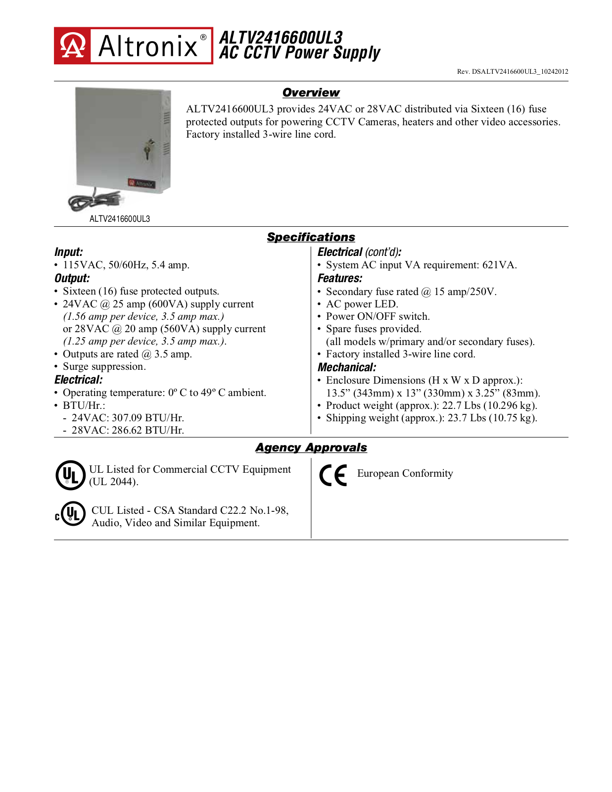 Altronix ALTV2416600UL3 Data Sheet