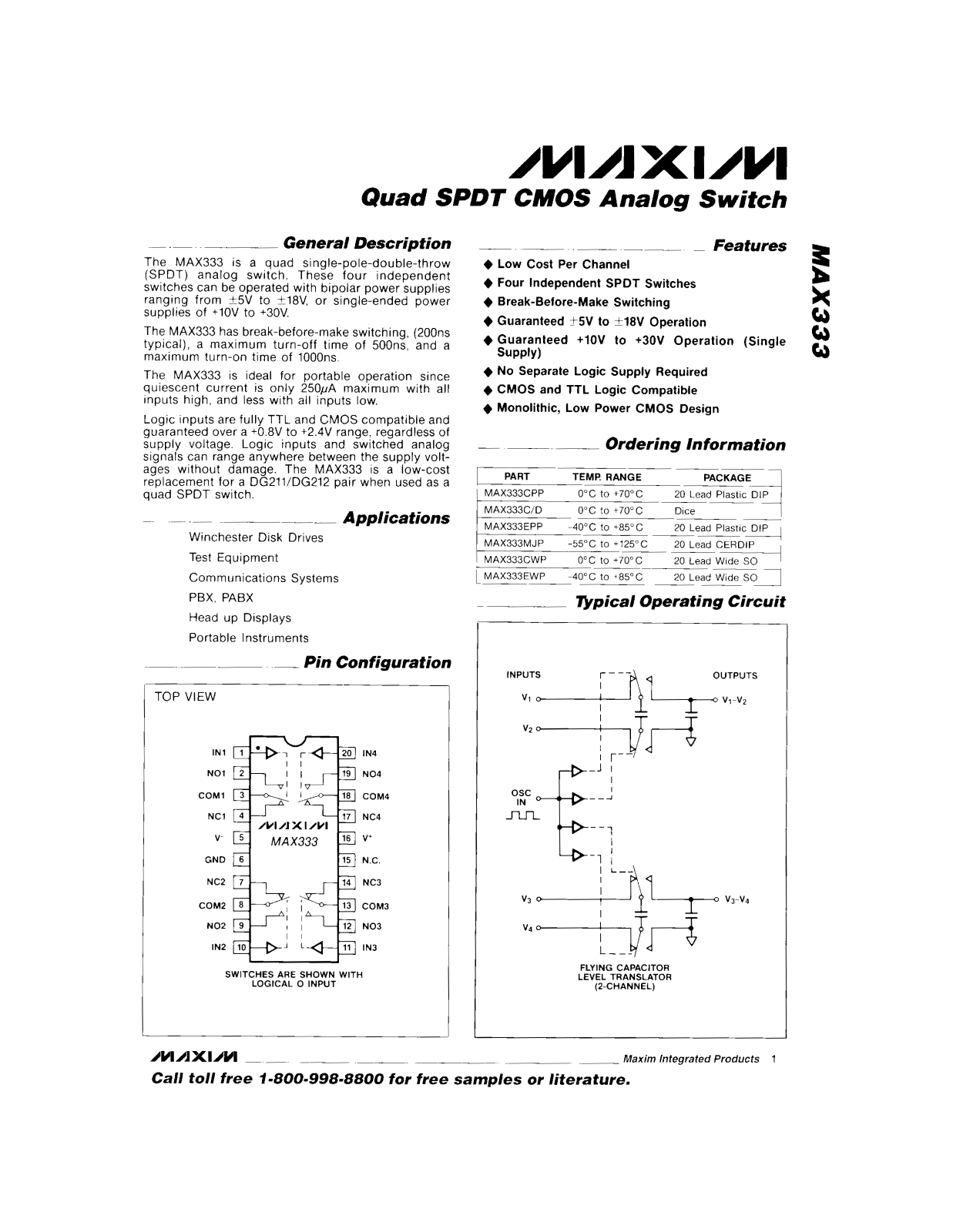 Maxim MAX333MJP, MAX333EPP, MAX333CWP, MAX333CPP, MAX333C-D Datasheet