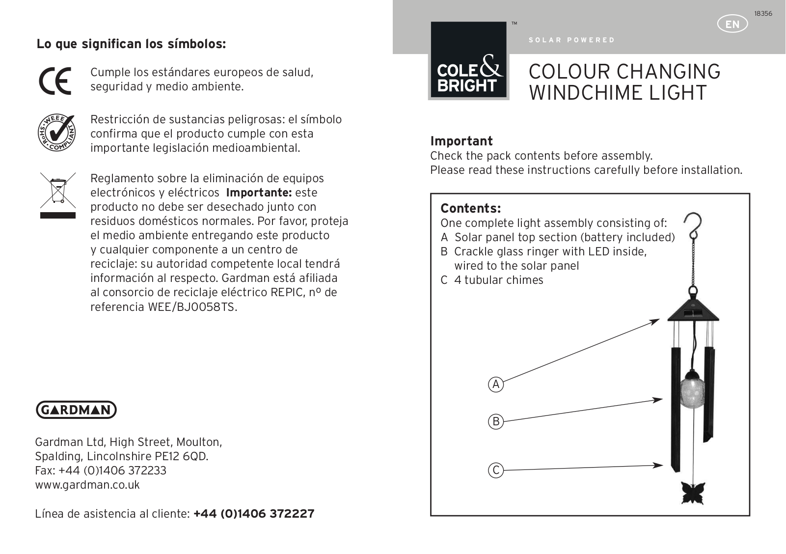 Gardman Colour Changing Windchime User Manual