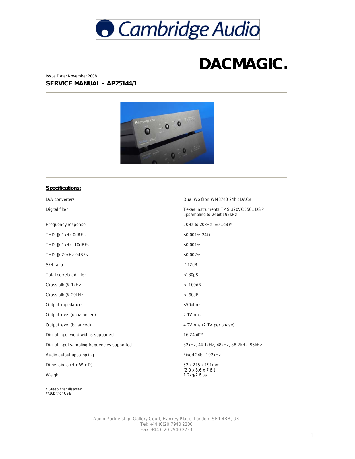 Cambridge Audio AP-25144-DAC, DacMagic Service manual