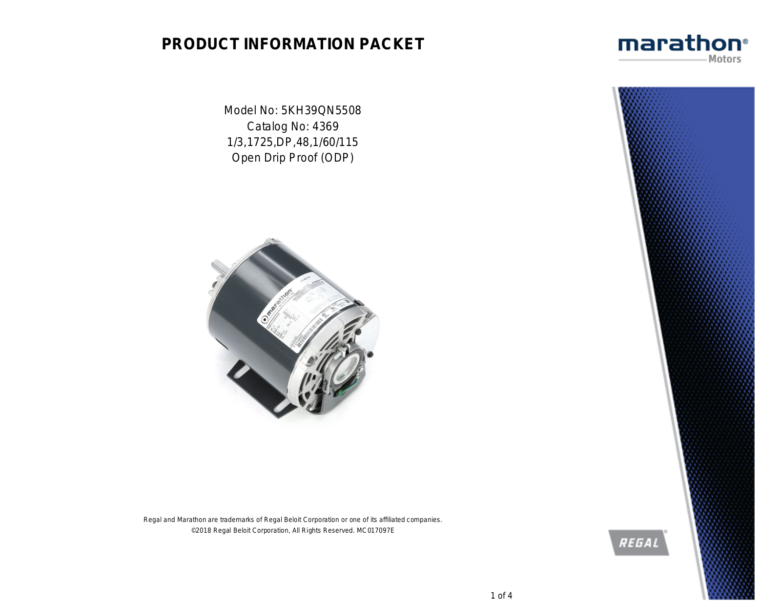 Marathon Electric 5KH39QN5508 Product Information Packet