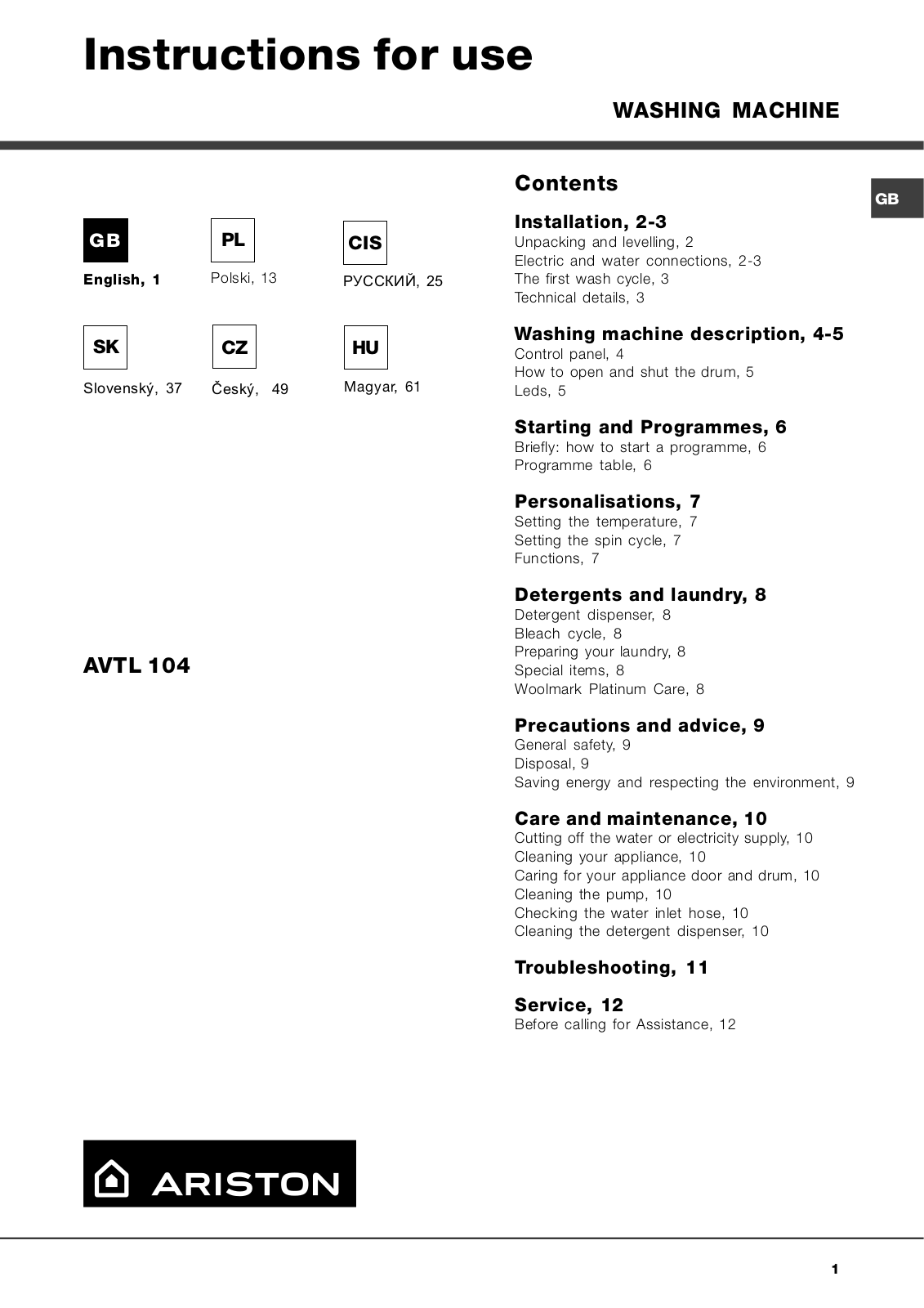 Ariston AVTL 104 User Manual