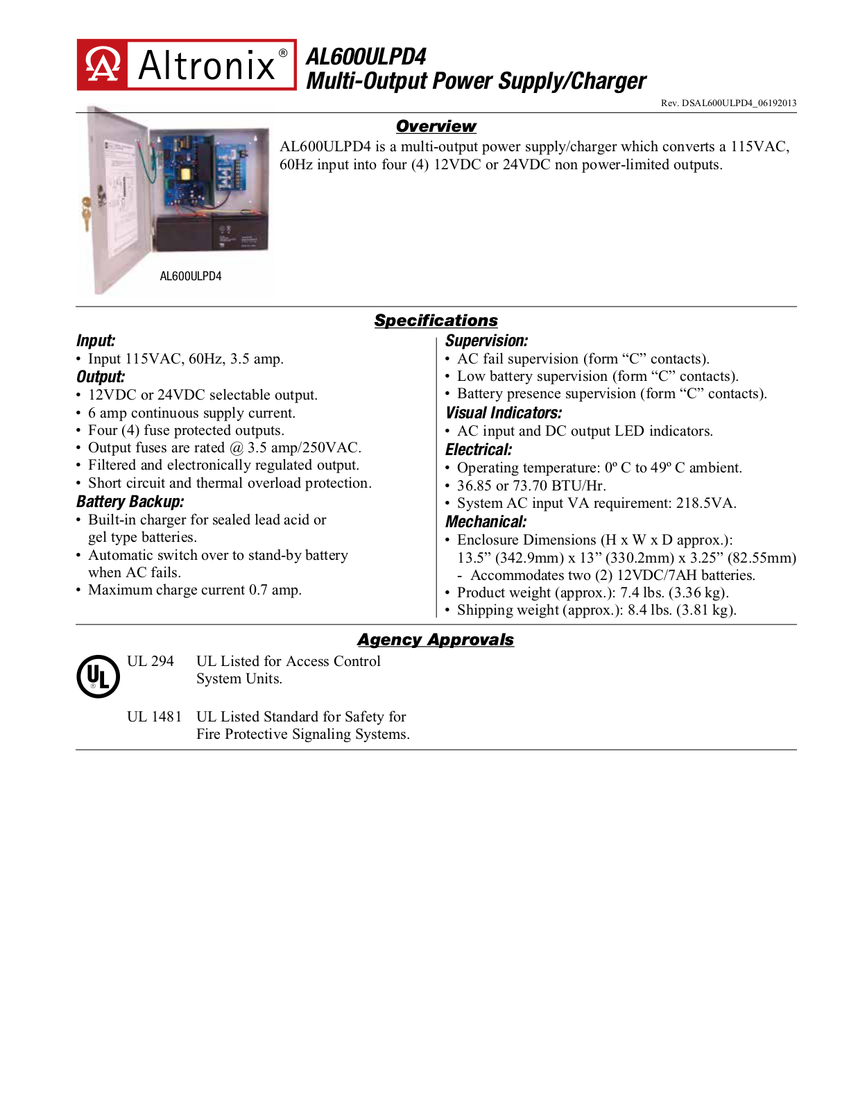 Altronix AL600ULPD4 Specsheet