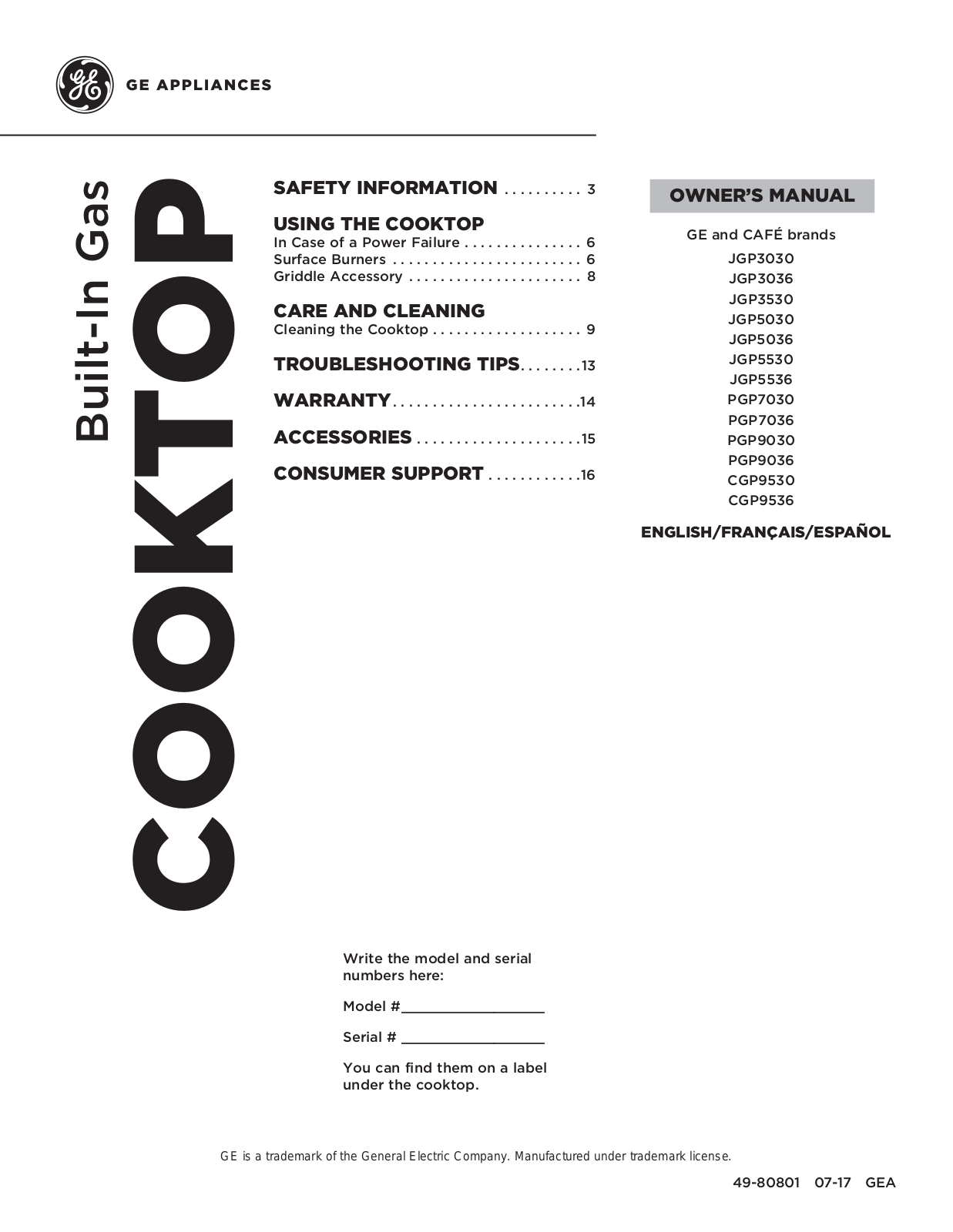 GE PGP9030SL1SS, PGP7036SL1SS, PGP7036DL1WW, PGP7036DL1BB, PGP7030DL1WW Owner’s Manual