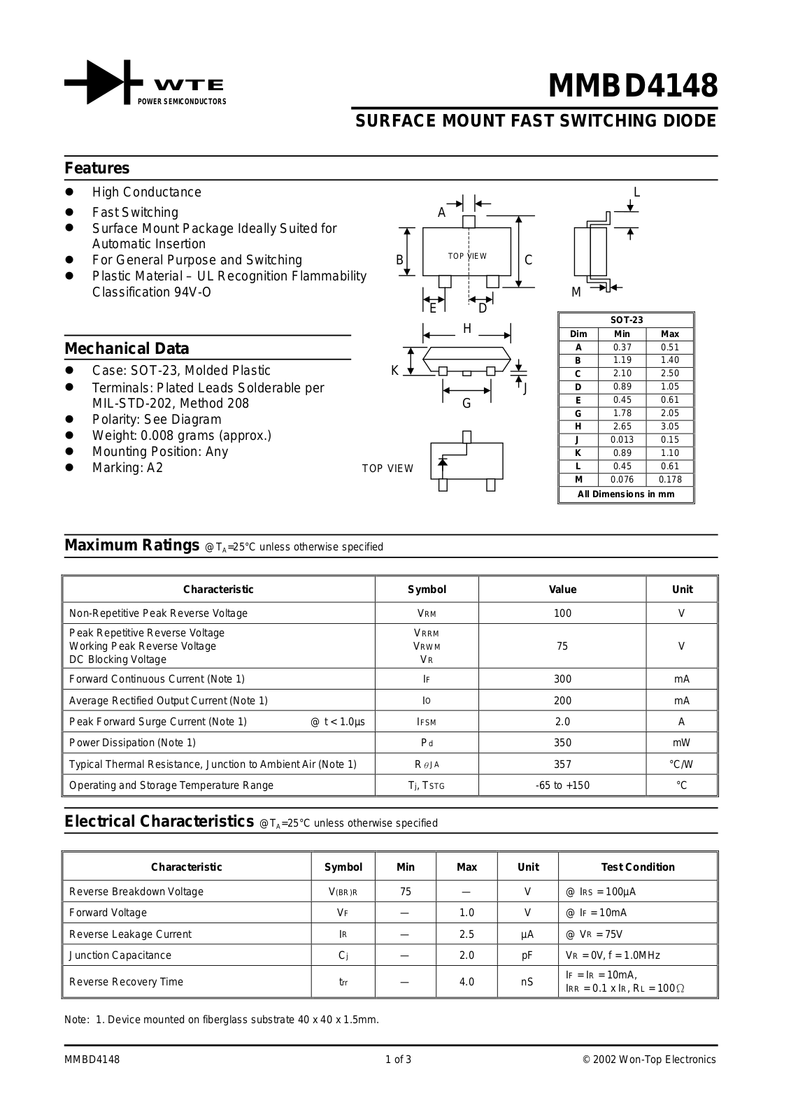 WTE MMBD4148-T1, MMBD4148-T3 Datasheet