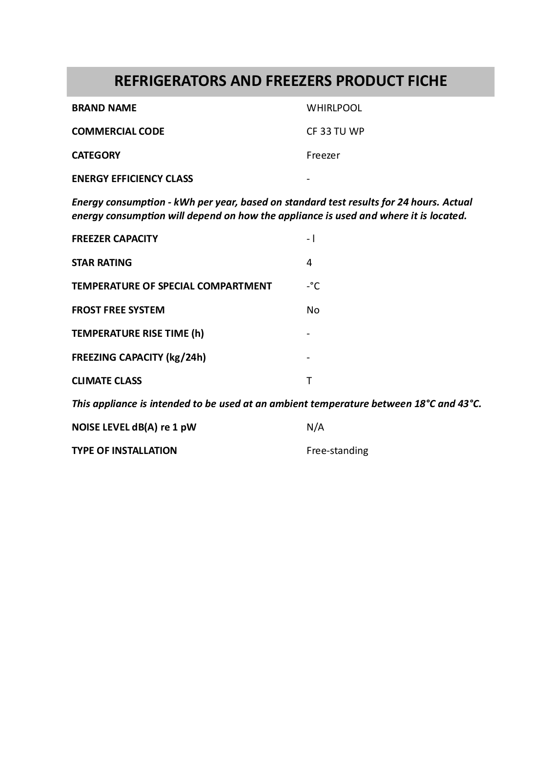 Whirlpool CF 33 TU WP Product Sheet