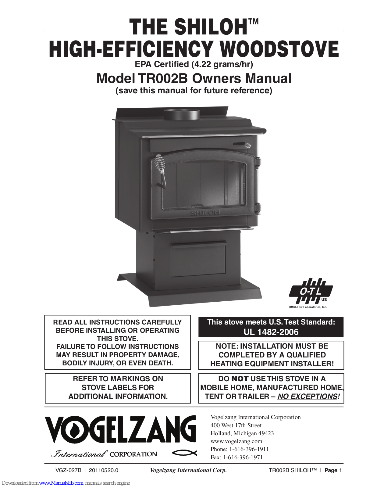 Vogelzang International THE SHILOH TR002B Owner's Manual