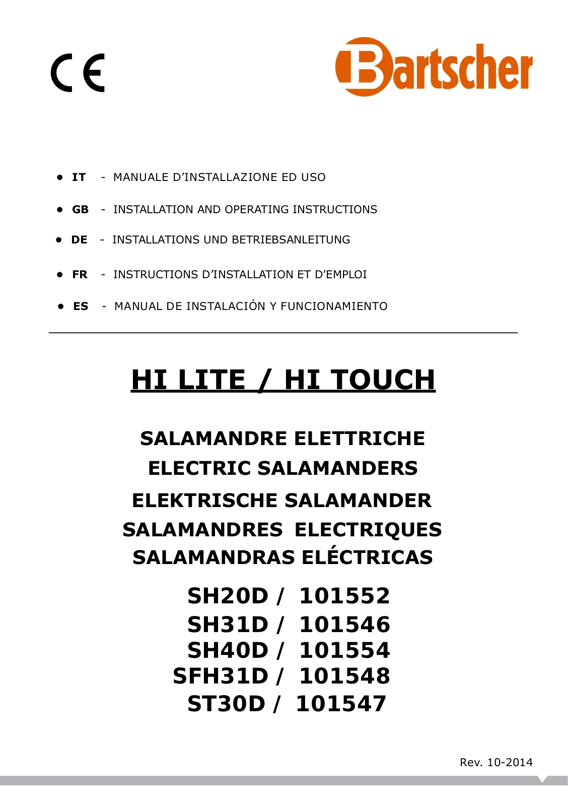 Bartscher 101552, 101546, 101554, 101548, 101547 Installation And Operating Instructions Manual