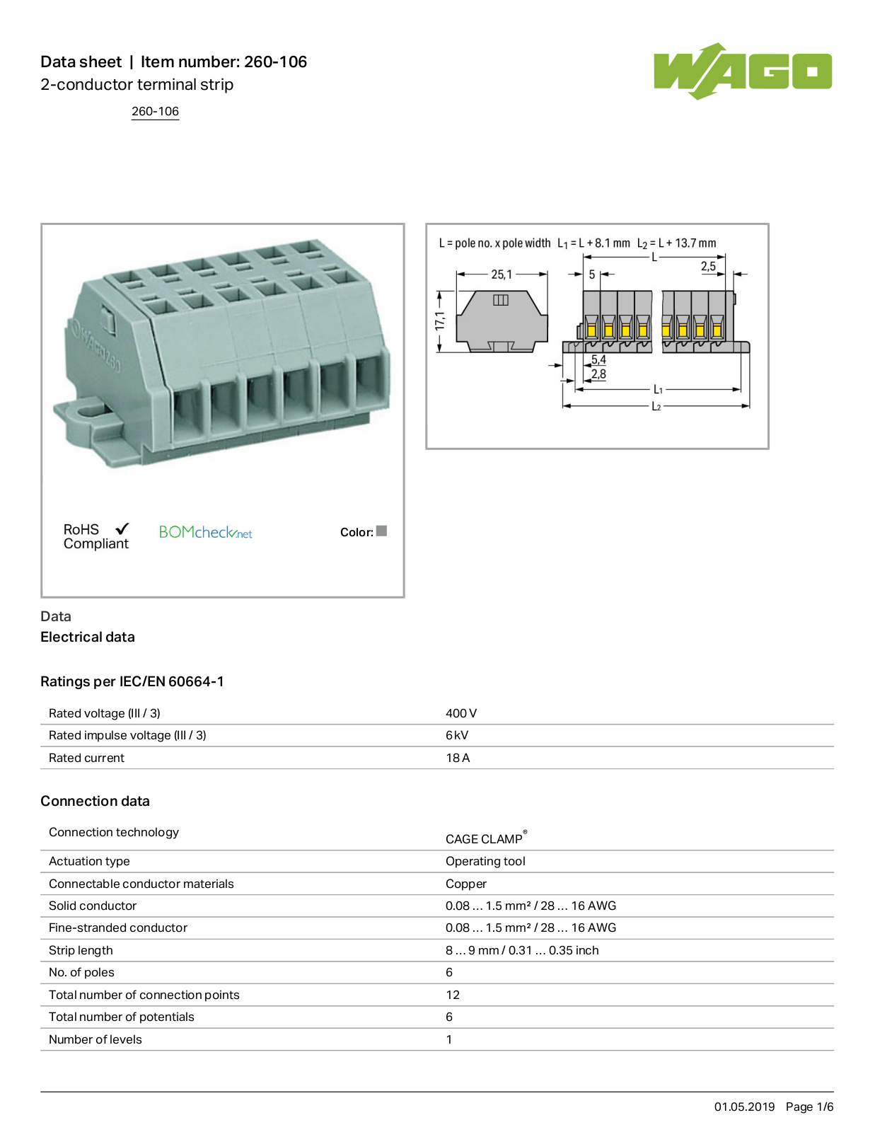 Wago 260-106 Data Sheet