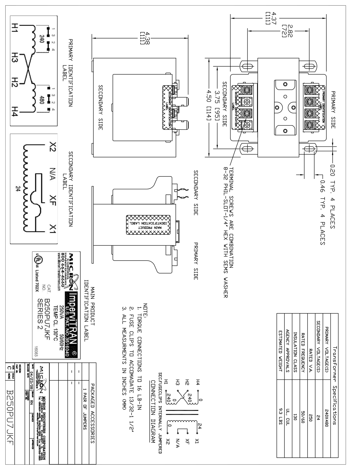 Micron Industries B250PU7JKF Specification Sheet