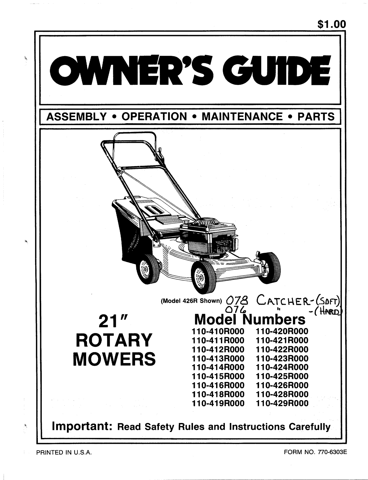 MTD 110-411R000, 110-410R000, 110-412R000, 110-413R000, 110-414R000 User Manual