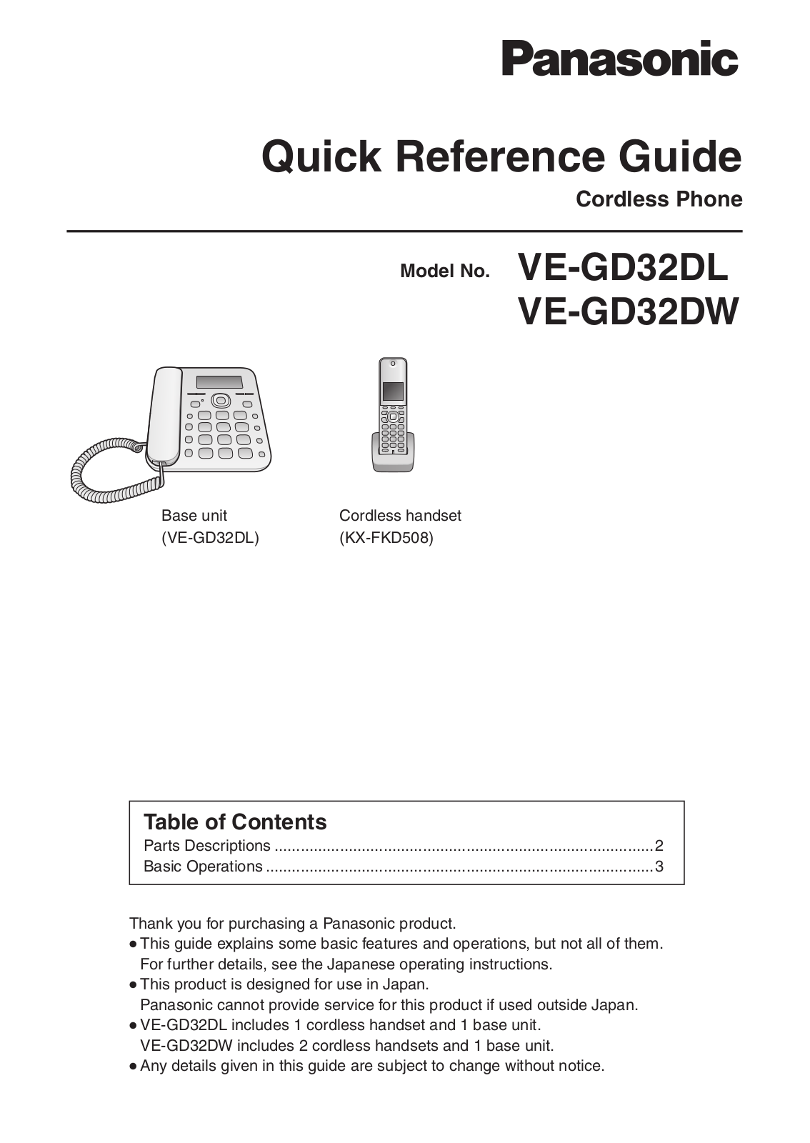 Panasonic VE-GD32DL, VE-GD32DW Quick Reference Manual