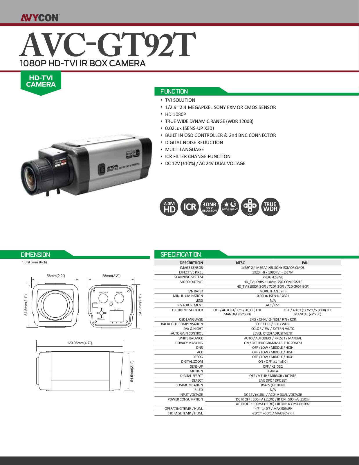 Avycon AVC-GT92T Specsheet