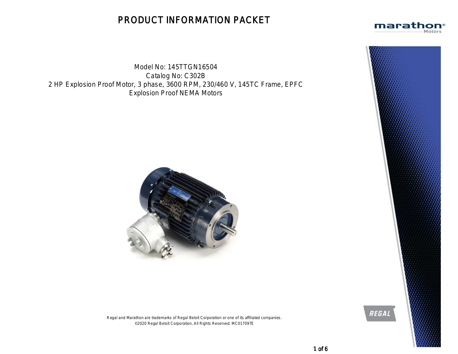 Marathon Electric 145TTGN16504 Product Information Packet