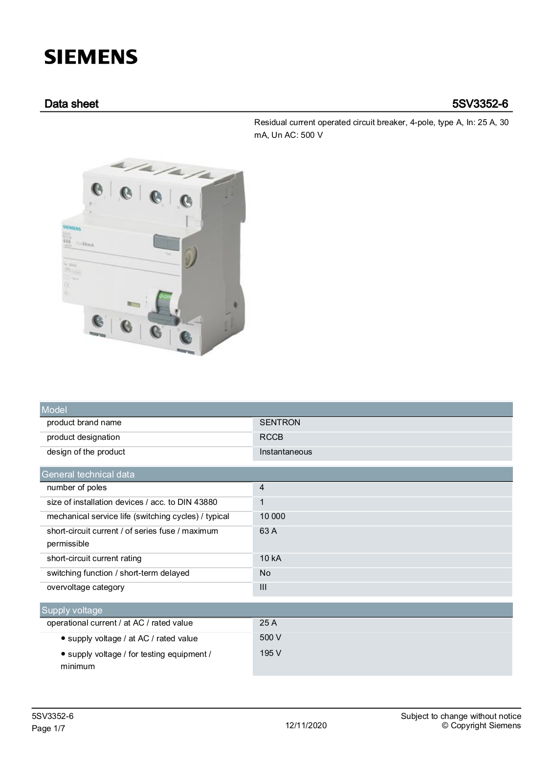 Siemens 5SV3352-6 data sheet