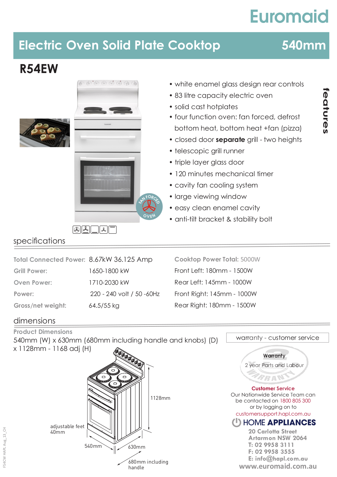 Euromaid R54EW Specifications Sheet