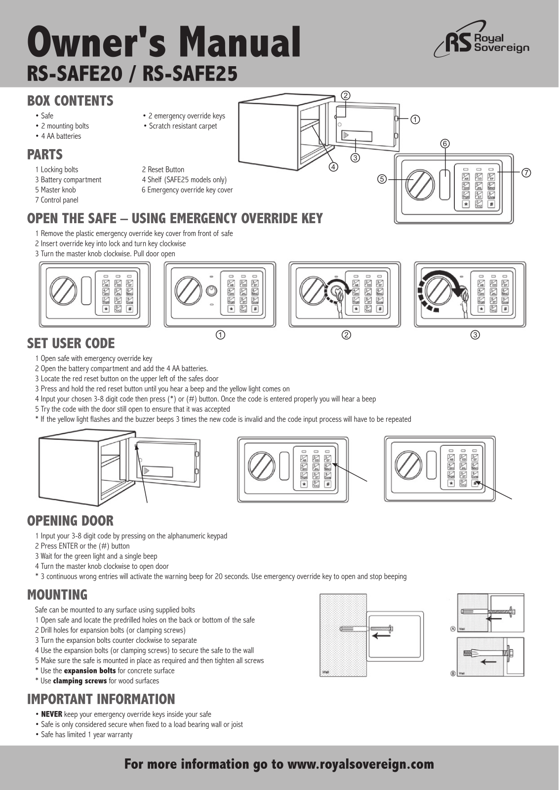 Royal Sovereign RS-SAFE20 User Manual