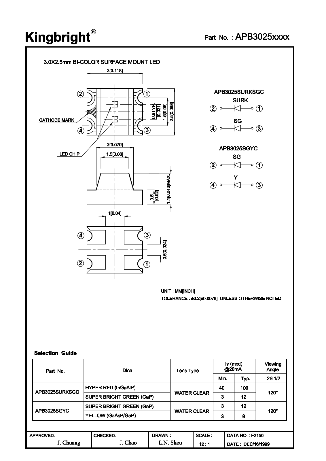 Kingbright APB3025SGYC, APB3025SURKSGC Datasheet