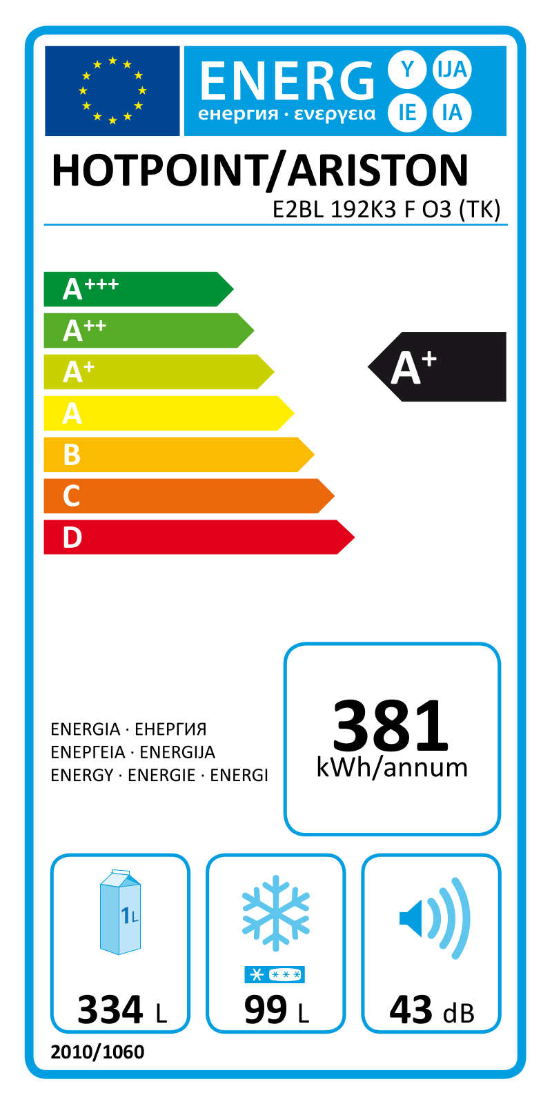 HOTPOINT/ARISTON E2BL 192K3 F O3 (TK) Energy label