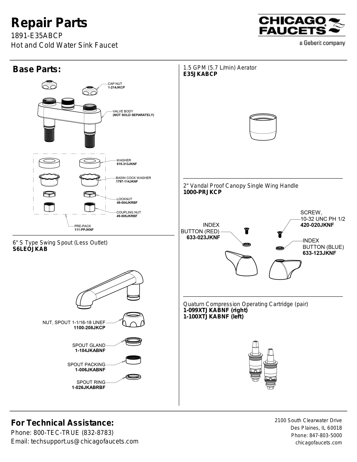 Chicago Faucet 1891-E35AB Parts List