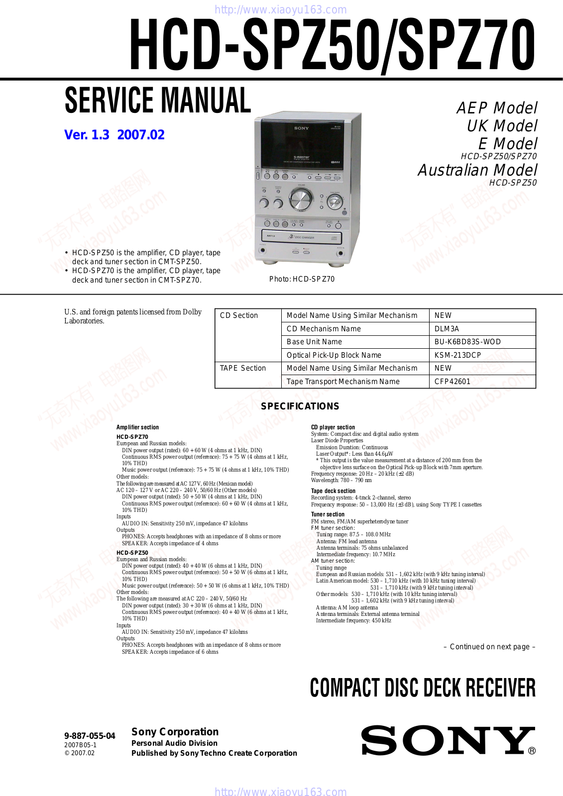 Sony HCD-SPZ50,HCD-SPZ70 Service Manual