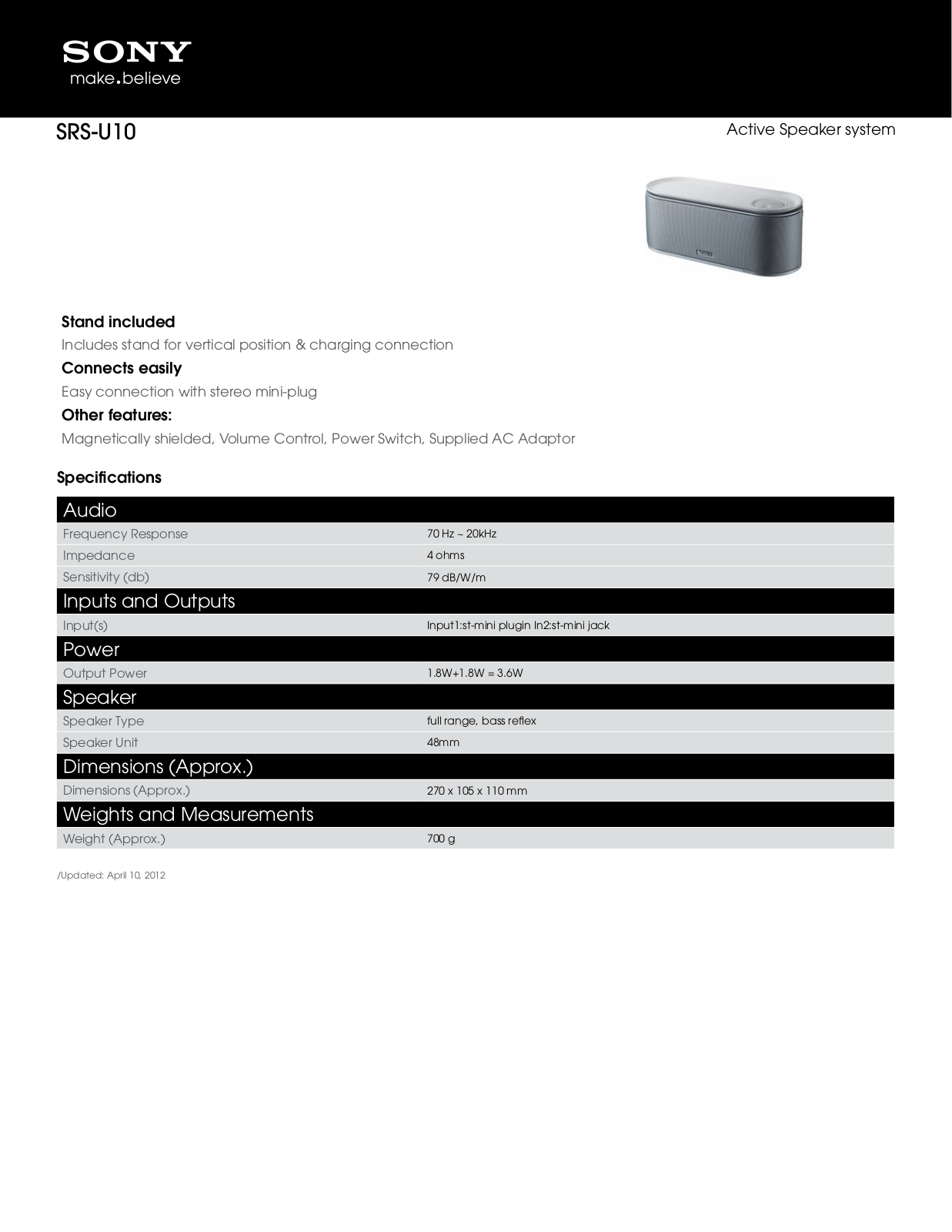 Sony SRS-U10TB BROCHURE