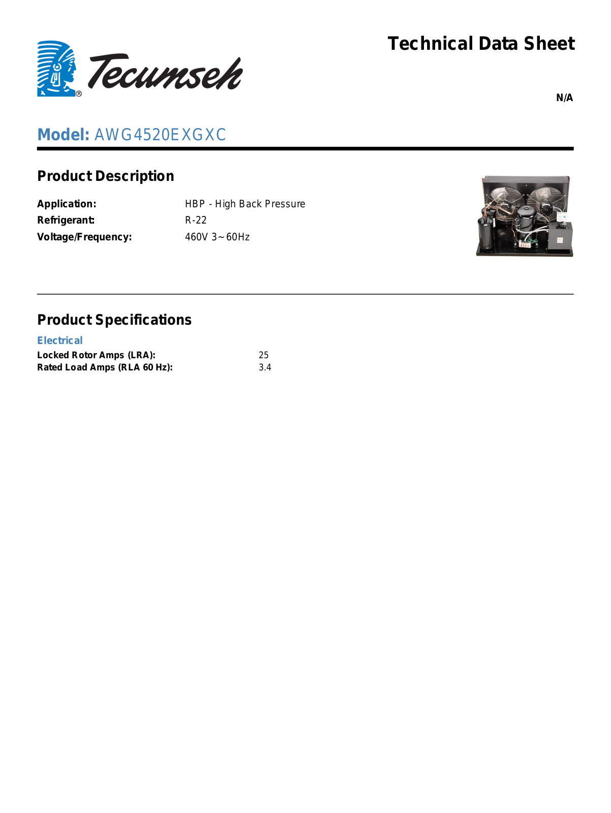 Tecumseh AWG4520EXGXC Technical Data Sheet