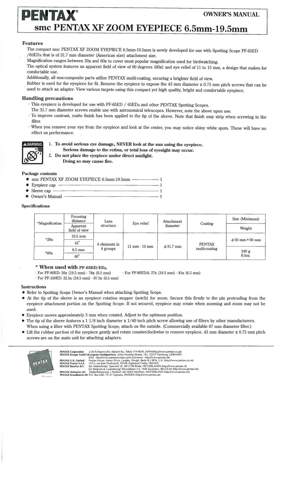 Pentax XF EYEPIECES Owners Manual