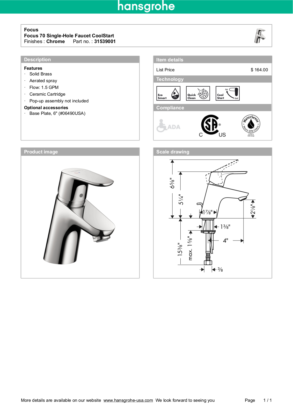 Hansgrohe 31539001 Specs