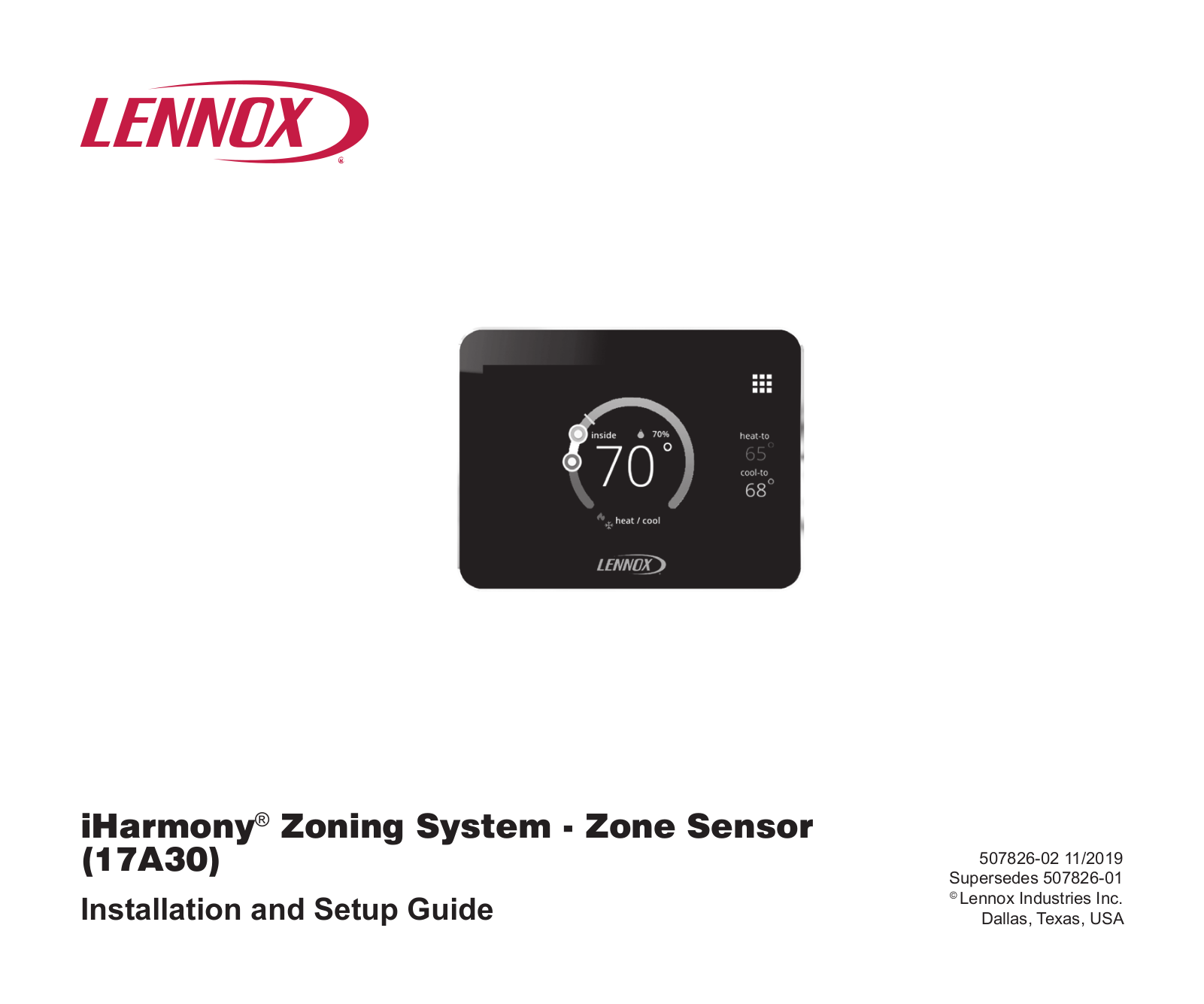 Lennox iHarmony Zone Thermostat Installation And Setup Manual