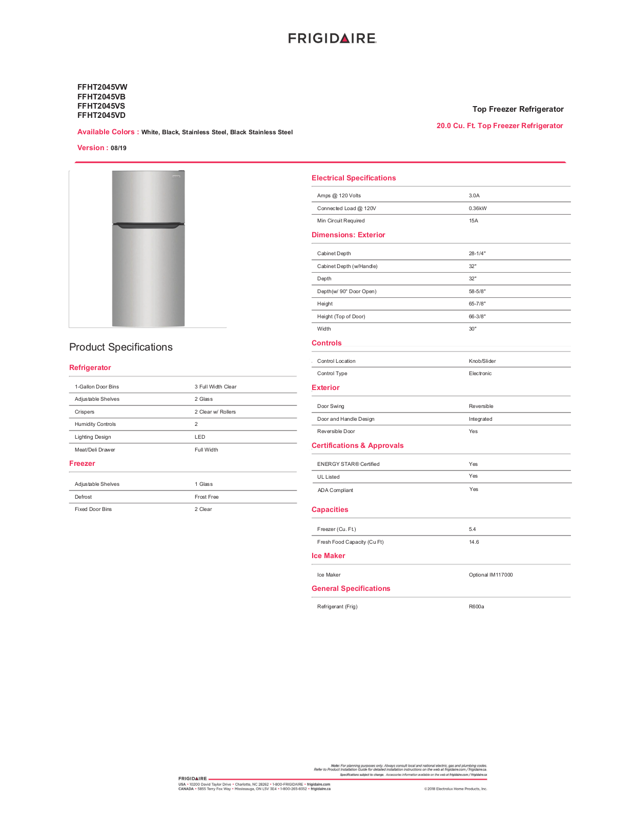 Frigidaire FFHT2045VB, FFHT2045VW, FFHT2045VS, FFHT2045VD Specification Sheet