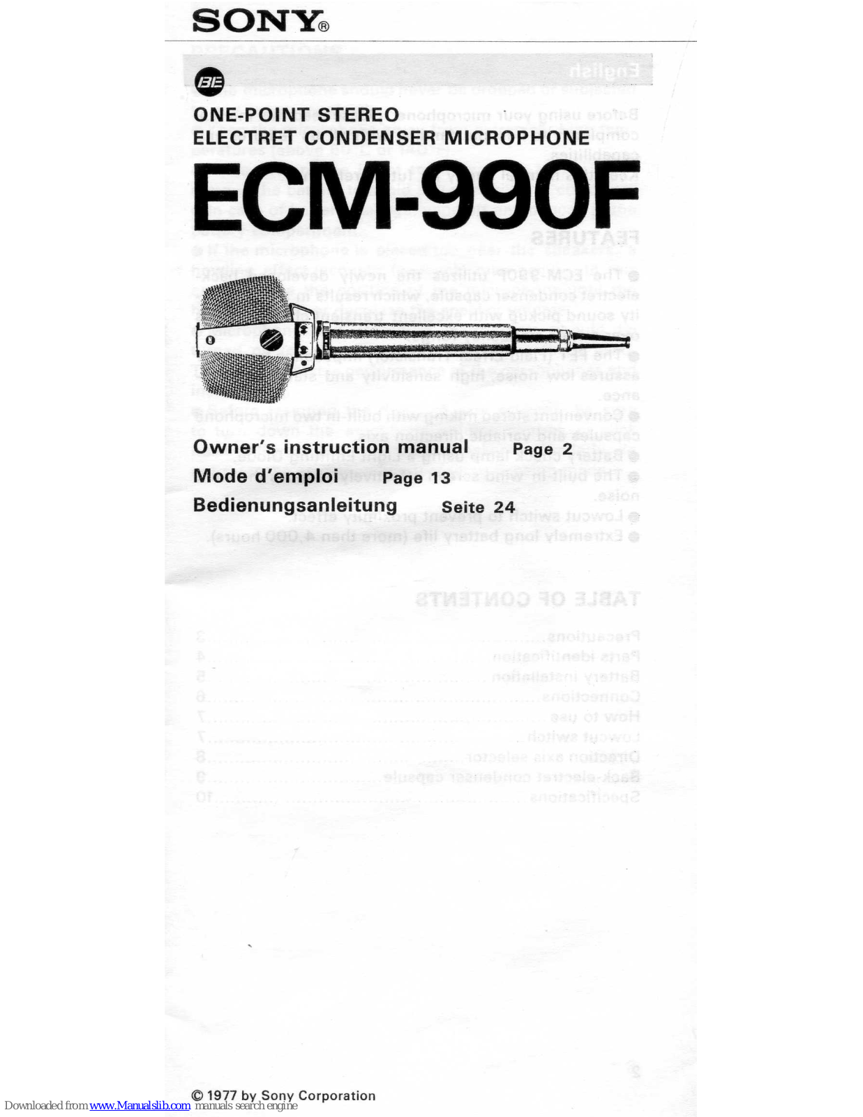 Sony ECM-990F Owner's Instruction Manual