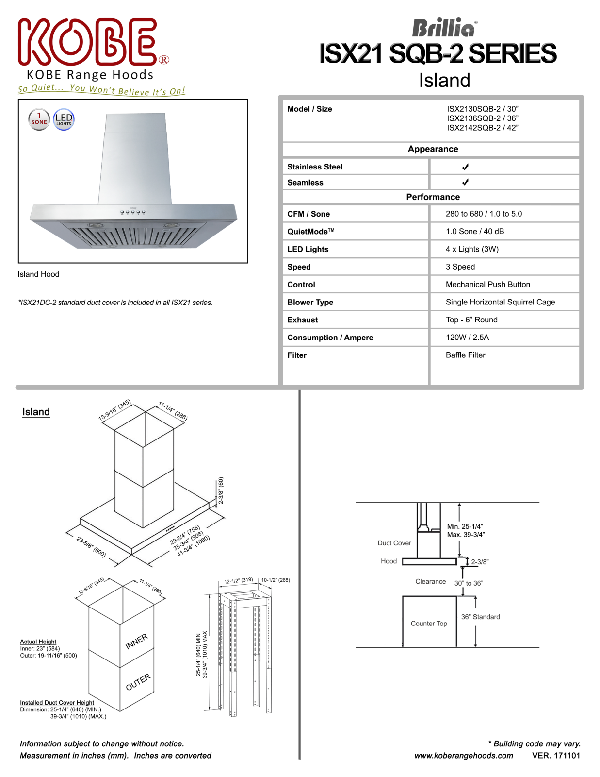 Kobe ISX2136SQBDC372, ISX2142SQB2 Specifications