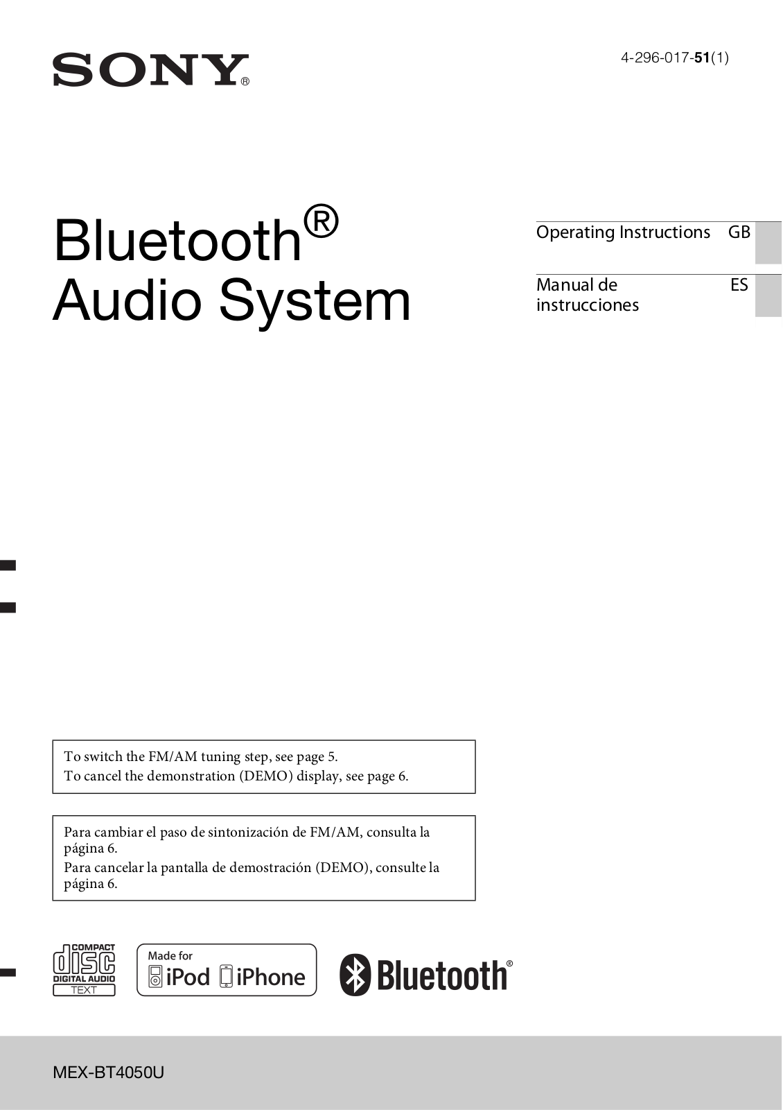 Sony MEX-BT4050U Operating Instructions Manual