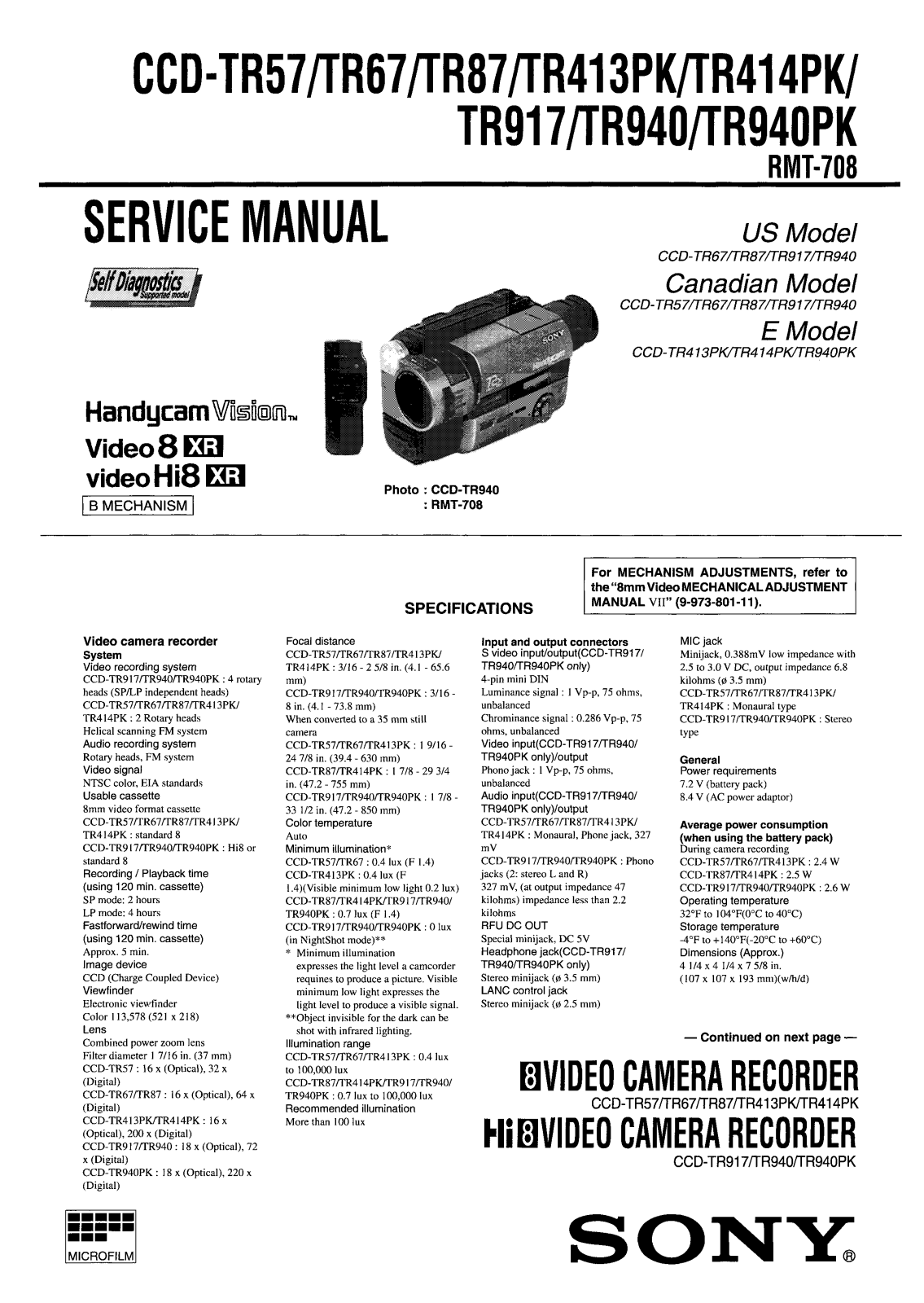 Sony CCD-TR57, CCD-TR67, CCD-TR87, CCD-TR413, CCD-TR414 Schematic