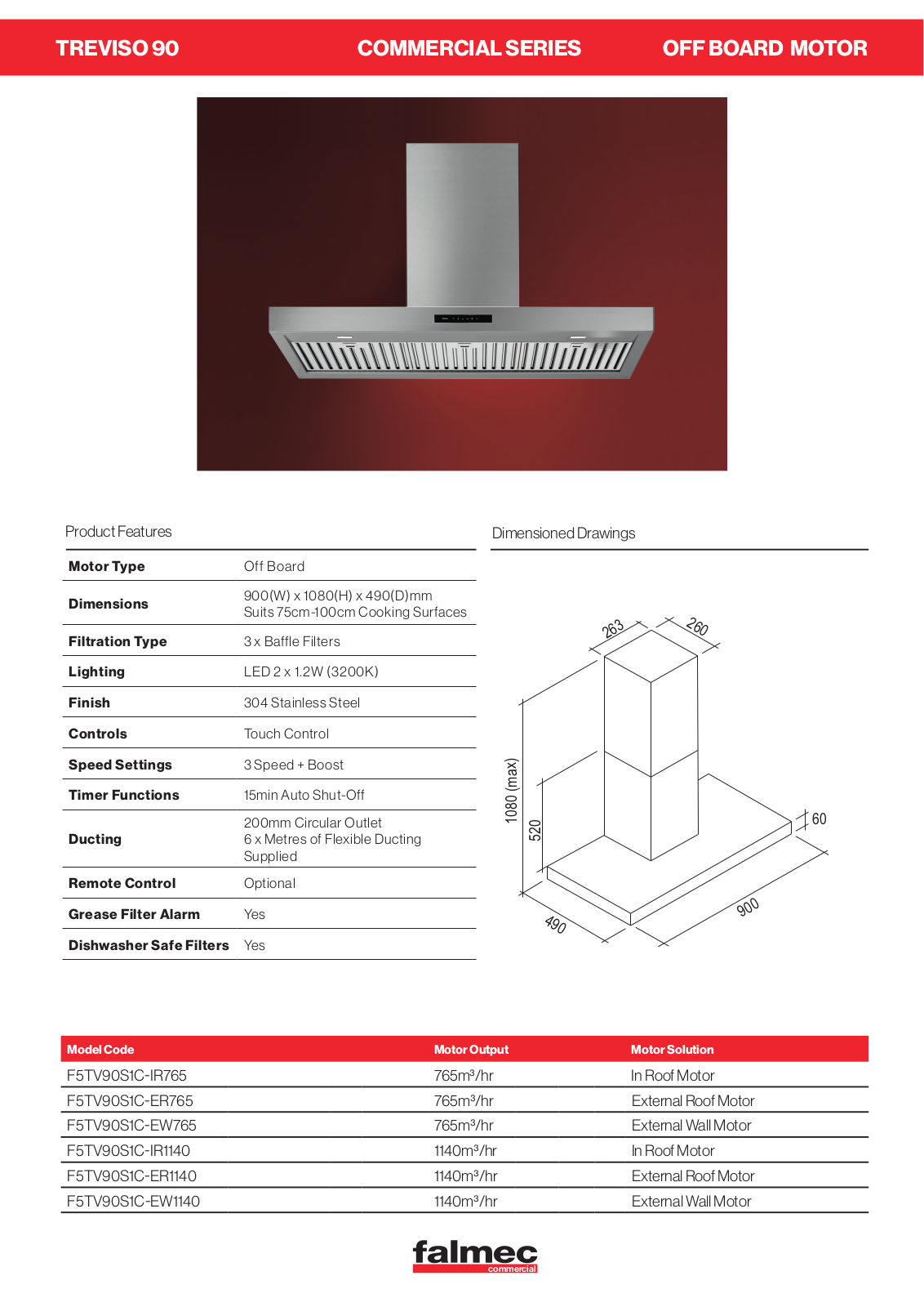 Falmec F5TV90S1-EW2010, F5TV90S1-ER2010 Specifications Sheet