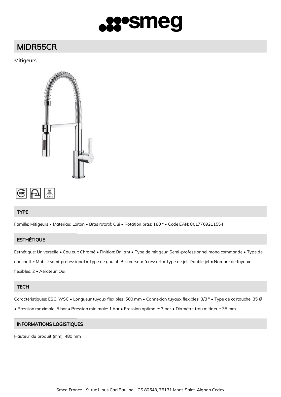 Smeg MIDR55CR Product Information Sheet