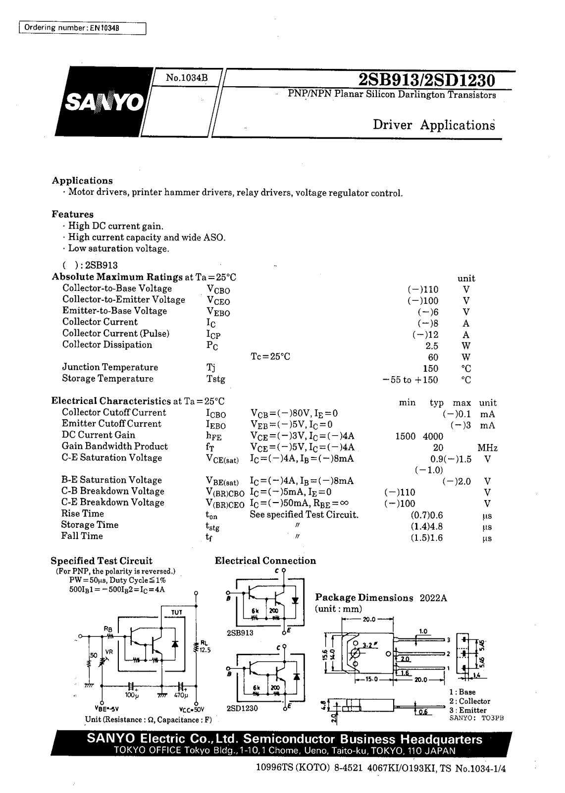 SANYO 2SD1230, 2SB913 Datasheet