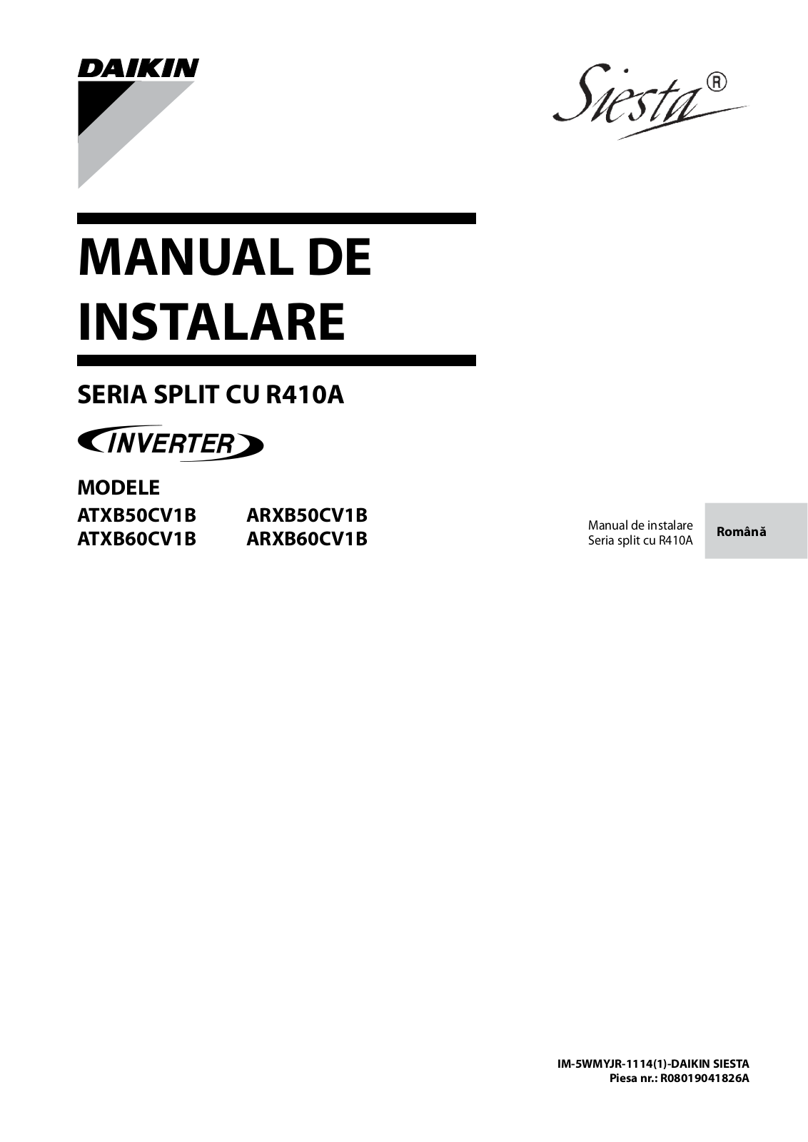 Daikin ATXB50CV1B, ARXB50CV1B, ATXB60CV1B, ARXB60CV1B Installation manuals