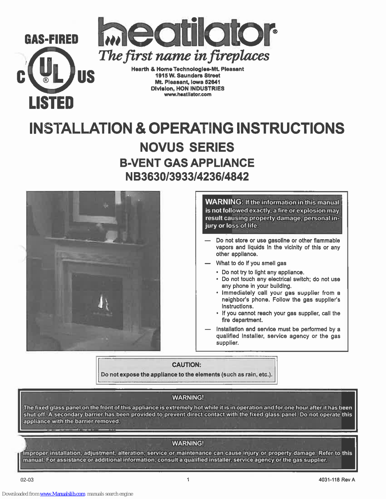 Heatilator NB3630, NB4236, NB4842, NB3933 Installation & Operating Instructions Manual