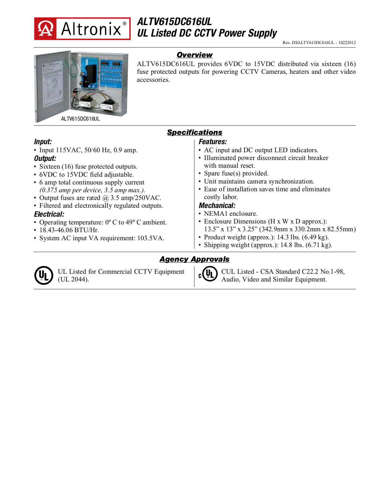 Altronix ALTV615DC616UL Specsheet