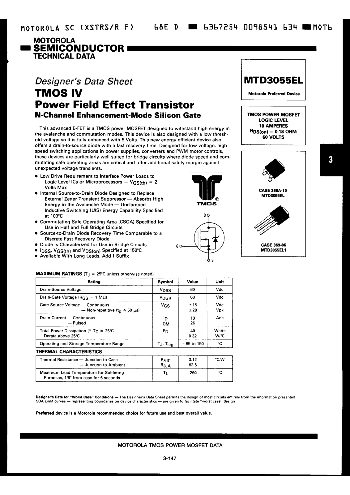 Motorola MTD3055EL, MTD3055EL1 Datasheet