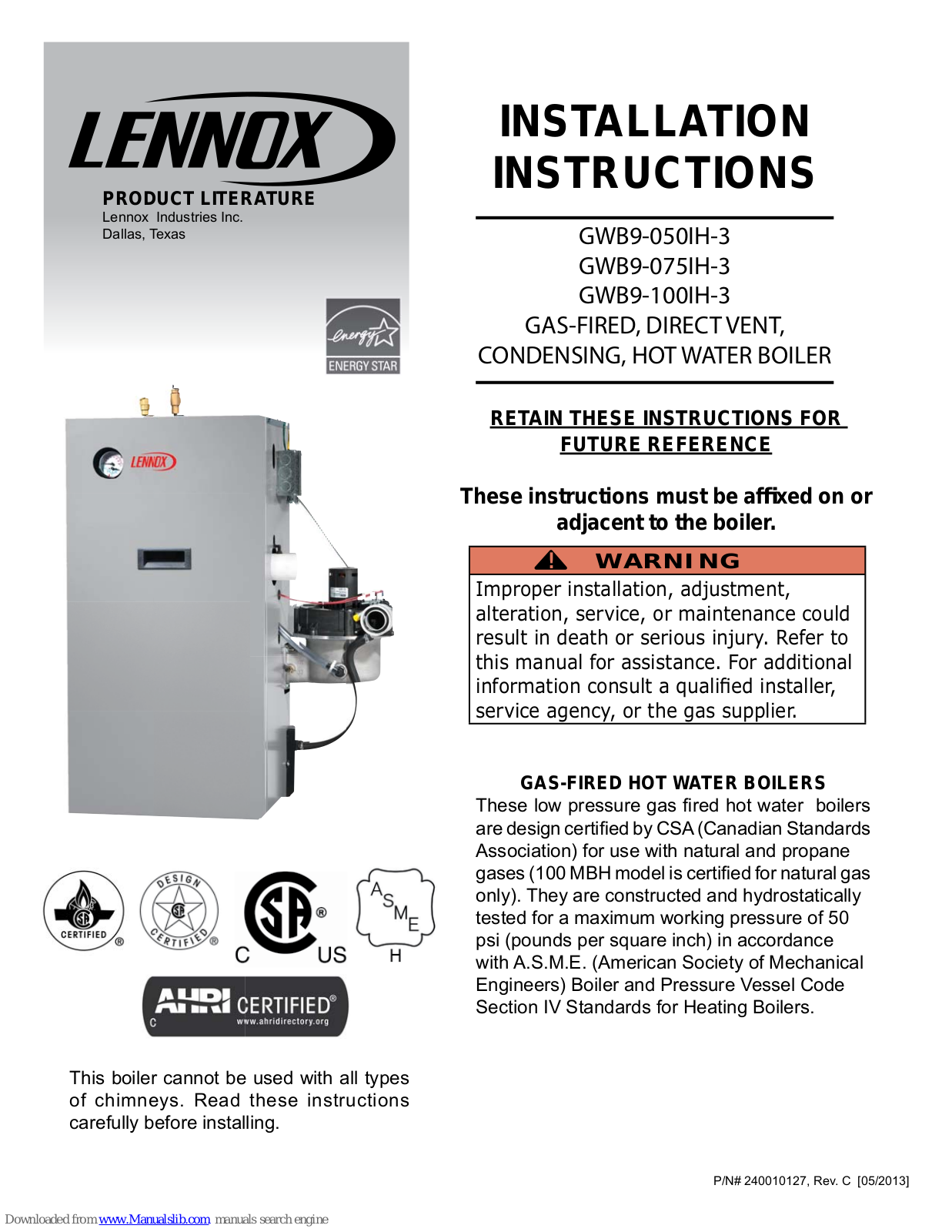 Lennox GWB9-050IH-3, GWB9-075IH-3, GWB9-100IH-3 Installation Instructions Manual