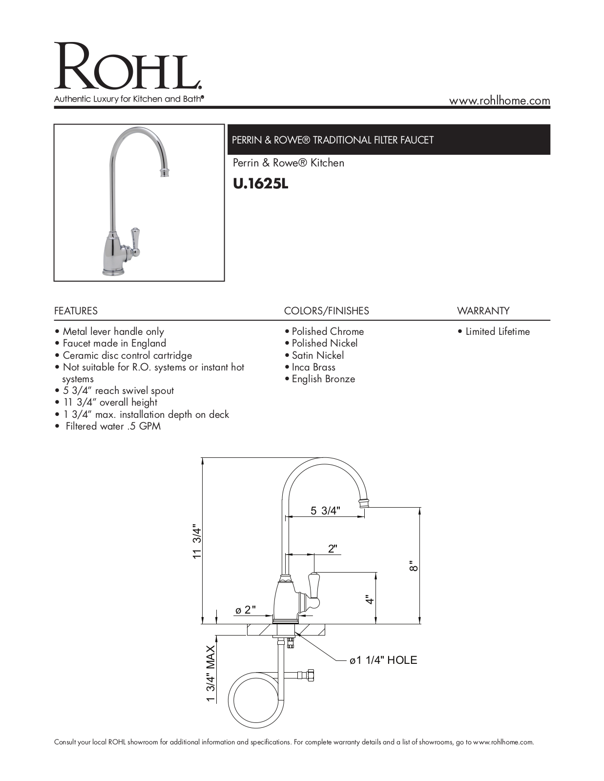 Rohl U1625LULB2 Specifications