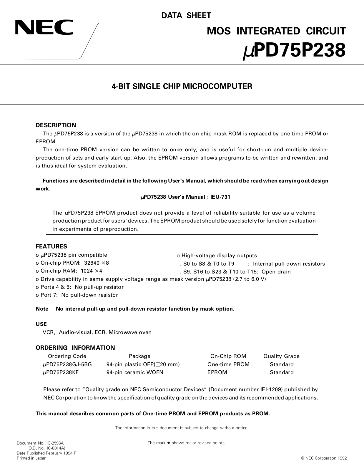 NEC UPD75P238KF, UPD75P238GJ-5BG Datasheet