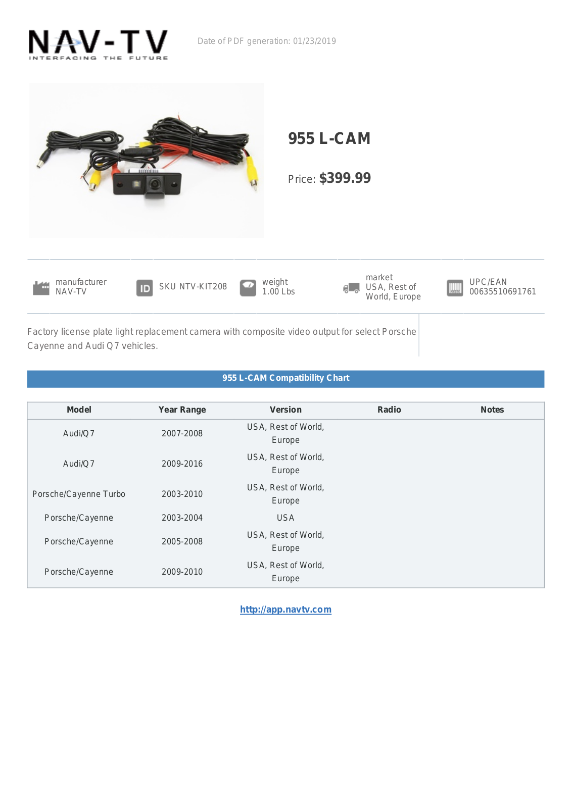 NAV-TV 955 L-CAM Specification Sheet